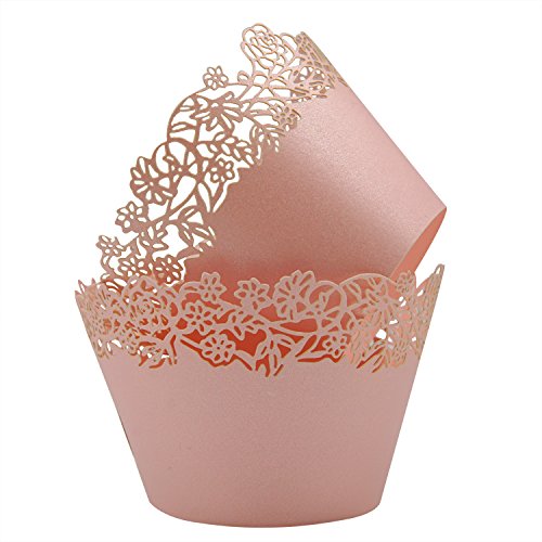 Cupcake Wrappers Pack of 50 Pink Filigree Artistic Bake Cake Paper Cups Little Vine Lace Laser Cut Liner Baking Cup Muffin Case Trays for Wedding Party Birthday Decoration -By KEIVA
