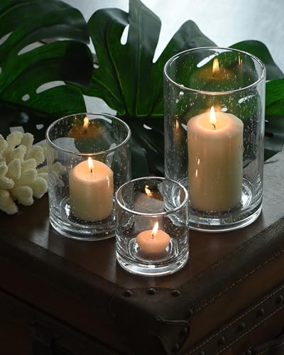 Glass Candle Holders Set 3 Pieces - Clear Bubbles Cylinder - Bubbles Clear Variation