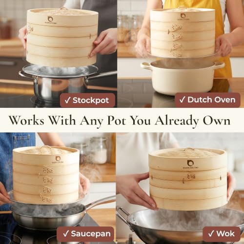 10-Inch Extra Deep Bamboo Steamer Basket Set with Ring Adapter for Pot or Wok