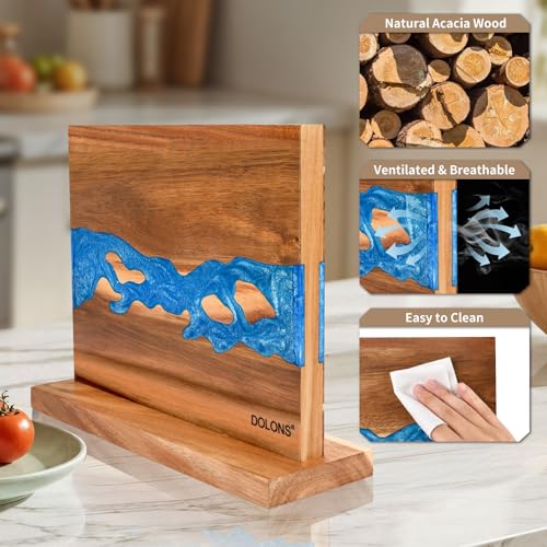 Magnetic Knife Block Brown+Blue - Double-Sided Acacia Wood & Resin Kitchen Organizer