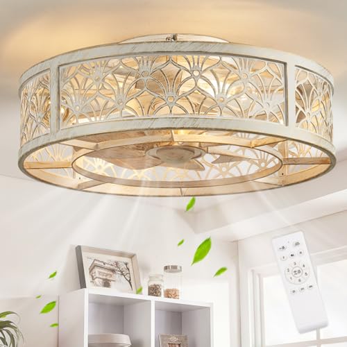 White Gold 18-inch Caged Ceiling Fan with Light Remote Control