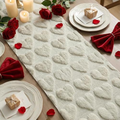 Artoid Mode Beige Soft Plush Faux Fur Jacquard Love Heart Table Runner 13x72 - Home Kitchen Decor