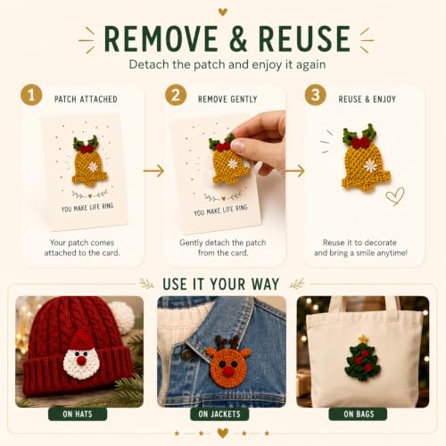 6 Pcs Christmas Greeting Cards with Removable Crochet Appliques - Holiday Seasonal Notes