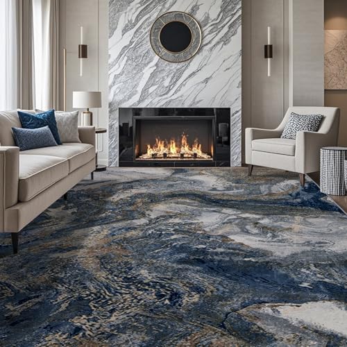 Blue and Gold Abstract Area Rug 8x10 - Washable, Pet-Friendly Living Room Mat