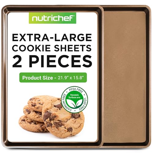 NutriChef 2-Pack XL Nonstick Cookie Sheets 22x16 Inch Baking Pans, Gold, Oven Safe