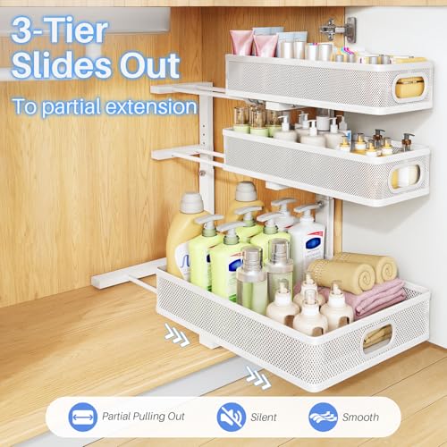 Under Sink Organizer 3-Tier Metal Pull-Out Shelf - White 2-Pack