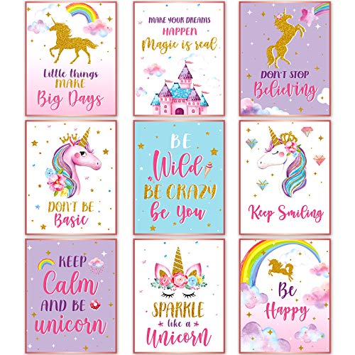 Zonon 9 Pcs Unicorn Wall Decor Girls Room Inspirational Unicorn Art Prints Poster Watercolor Rainbow Flower Girls Bedroom Decor Cute Unframed for Christmas Kids Teen Nursery Decoration Gift, 8" x 10"