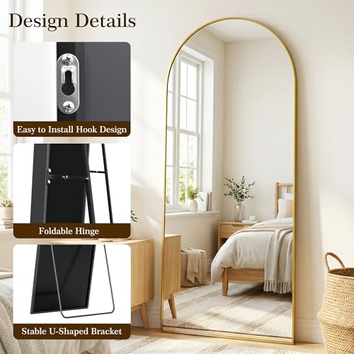 Full Length Arched Floor Mirror - 69x28 Inches, Gold Frame, Full Body Standing Mirror