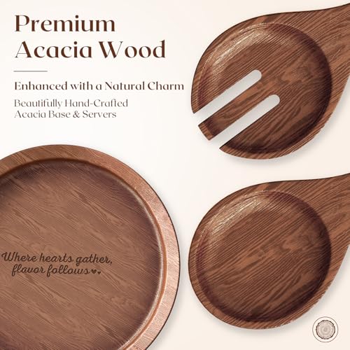 Golden Ratio Extra Large Crystal Glass Salad Bowl Set with Acacia Wooden Servers & Base - Hosting Essentials