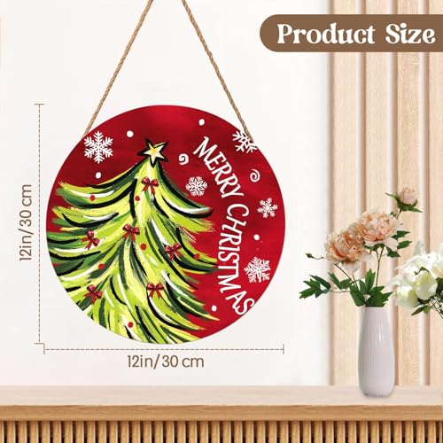 Merry Christmas Door Sign,Christmas Tree Decorations Wooden Holiday Hanging Sign for Front Door,Winter Red Christma Decorations for Home Garden Christm New Year 12"x12"