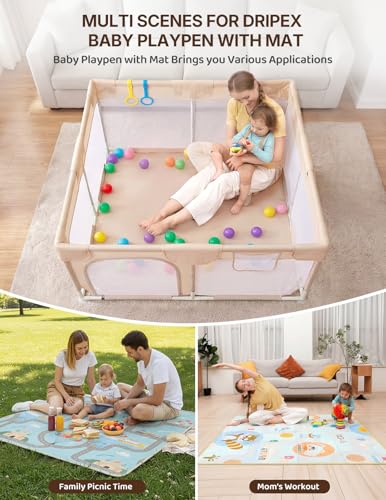 Dripex Baby Playpen with Non-Slip Mat, 47x47 Inches, Cream - Safe & Easy to Install