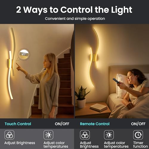 10000mAh Battery Operated Wall Sconces Set of 2 - Gold, 31.5 Inch, Cordless & Dimmable