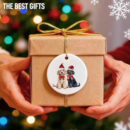 JINYO Goldendoodle Ornament, Golden Doodle Gifts, Golden Doodle Ornaments for Christmas Tree, Funny Santa Goldendoodle Xmas Decorative Hanging Ceramic Ornaments