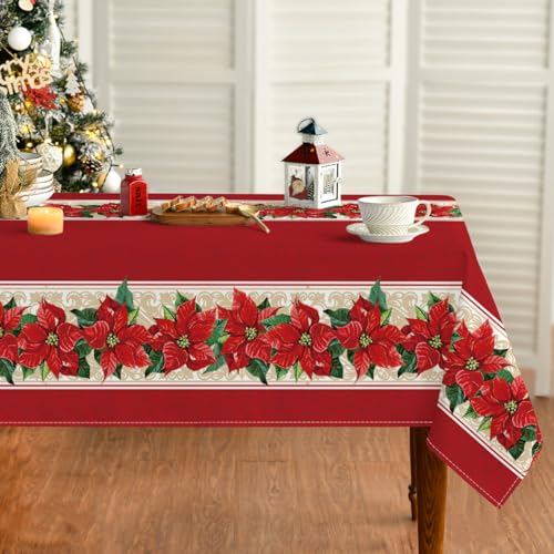 Horaldaily Christmas Tablecloth 60 x 84 Inch Rectangular Poinsettia Red