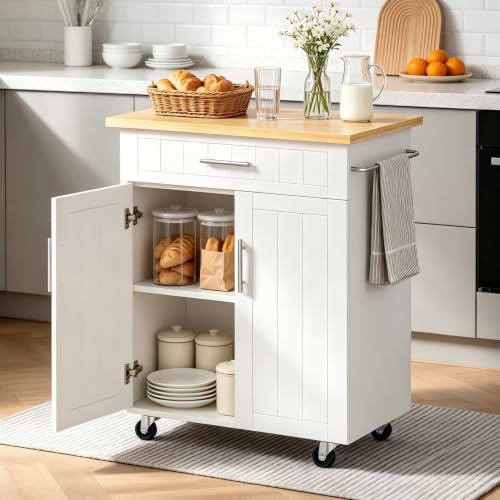 White 26-Inch Rolling Kitchen Island Cart with Drawer & Shelves