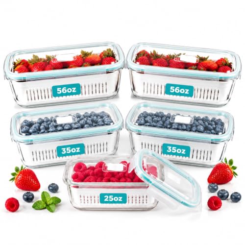 Glass Fruit & Berry Storage Containers Set with Removable Colanders and Vent Lids - 5 Pack, Multiple Sizes