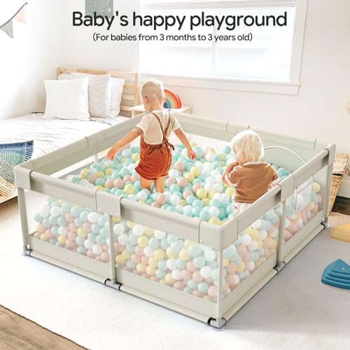 Baby Playpen 47x47 Inch Beige - Safety Mesh Play Yard with Storage & Suction Cups