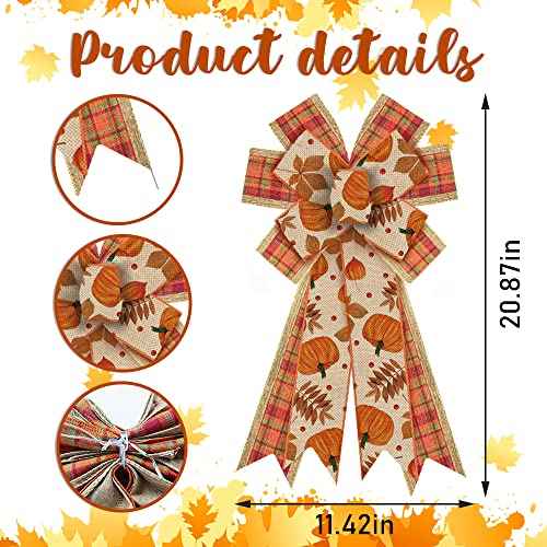 Large Fall Pumpkin Wreath Bows for Front Door, Thanksgiving Natural Burlap Orange Buffalo Plaid Autumn Pumpkin Leaves Tree Topper Bows for Wreath Fall Thanksgiving Day Decorations