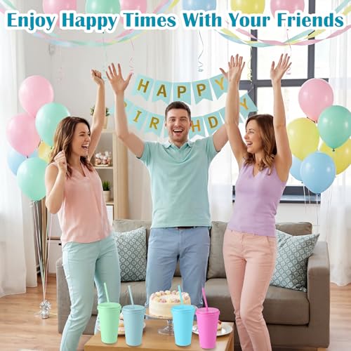 Honeydak Plastic Tumblers with Lids and Straws Bulk, Macaron Color,
