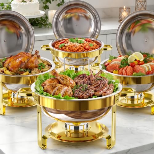 Gold & Silver 5QT Round Stainless Steel Chafing Dish Set for Buffets & Parties - 4 Pack