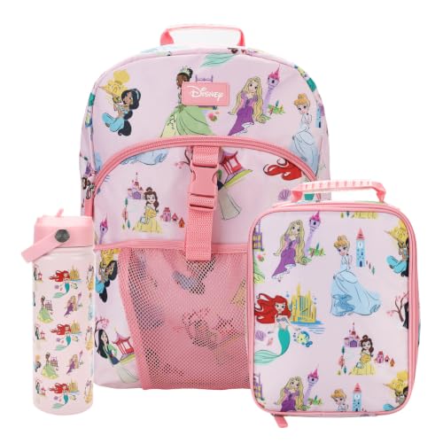 Disney Princess Pink AOP Character 16" Backpack & Lunch Box Set with Stainless Steel Water Bottle