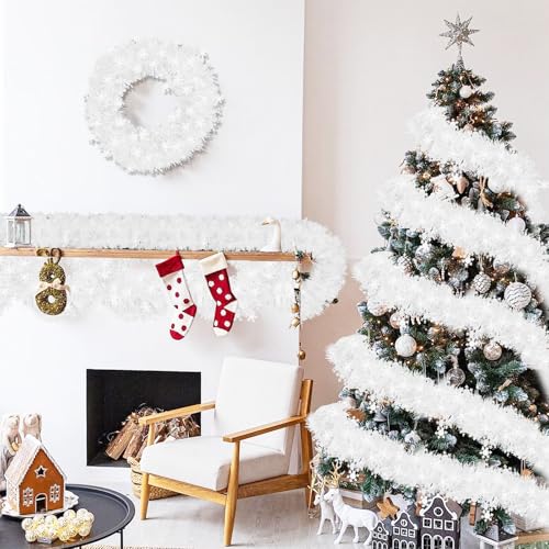 Kreyfer 4-Pack Snowflake Tinsel Garlands 26.4ft, Metallic Holiday Decorations