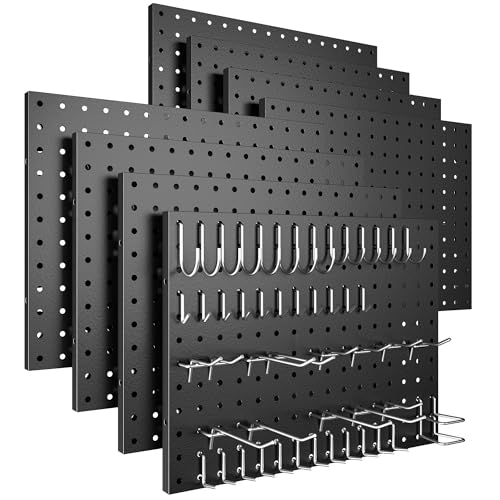 Black Metal Pegboard Panels 8 Pack - 16x12 Inch Wall Organizer with 50 Hooks