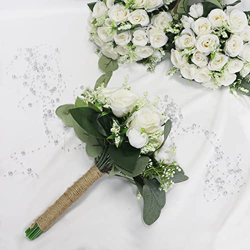 Set of 6 Ivory Bridesmaid Bouquets for Wedding - 7 Inch Artificial Flower Arrangements with Eucalyptus - White/Set of 6 (Variation)