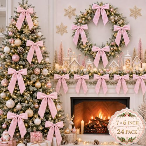 Jobkoo Pink Velvet Christmas Bows Set - 24 Pre-Tied Holiday Tree Decorations