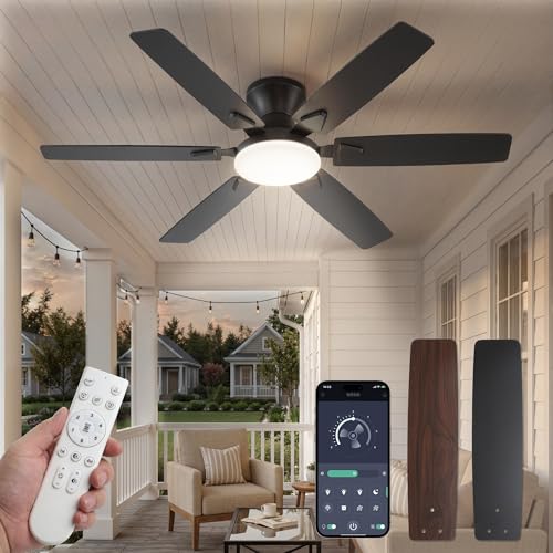 Fanbulous 52 Inch Black Flush Mount Ceiling Fan with Light, Remote & App Control