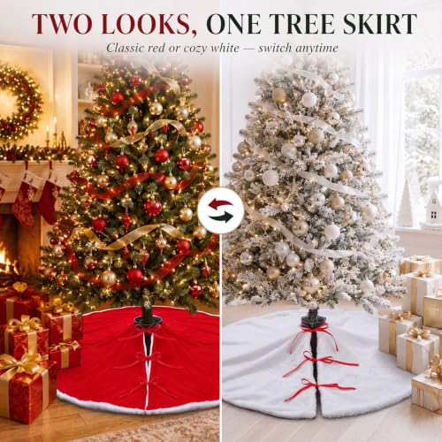 48 Inch Reversible Christmas Tree Skirt Faux Fur & Velvet Holiday Decor