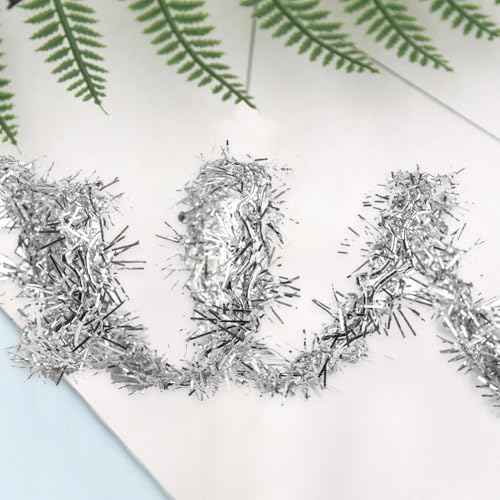 20 Yards 1/2 Inch Silver Christmas Tree Tinsel Garland Wired Mini Thin Metallic Foil Twist Trim Xmas Glitter Fluffy Ribbon for Sewing Making Gift Wrapping DIY Christmas Tree Decor Supplies