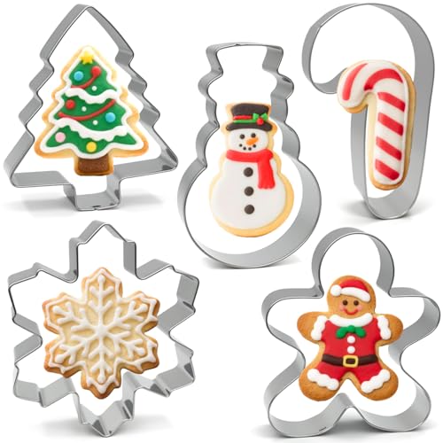 Christmas Cookie Cutters Large - 5 Pieces - Gingerbread Man, Christmas Tree, Snowflake, Snowman, Candy Cane Shapes, Stainless Steel Biscuit Cutter Molds Set for Winter Holiday Baking