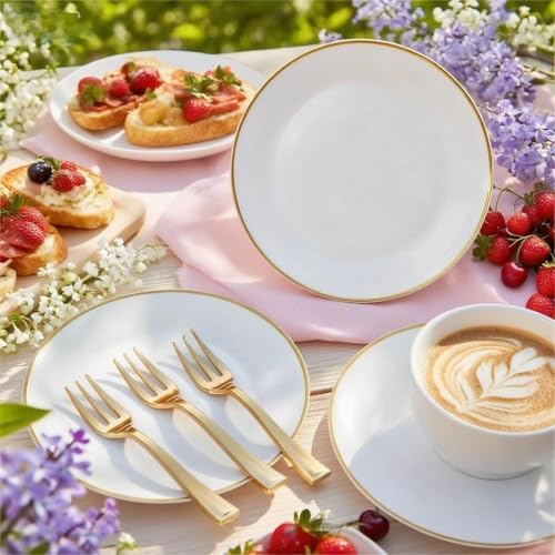White Gold Festiva 200pcs Small Disposable Dessert Plates with Forks for Weddings & Parties