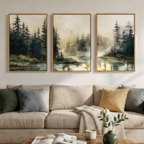 Framed Lake Landscape Wall Art Set - 16x24 Inch Triptych for Living Room & Bedroom - Green & Beige Variation of THIS listing