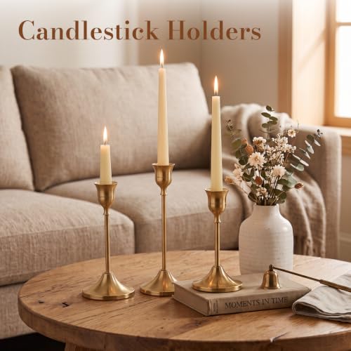 FrutPunch 6-Piece Brass Gold Taper Candle Holders Set (2x each of 6.3, 7.5, 8.8 in) – Vintage? Modern Wrought Metal