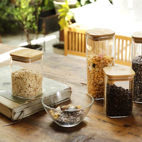 LIBWYS 16-Pack Square Glass Storage Jars with Bamboo Lids, 0.6Qt & 1.06Qt, Rectangular Set