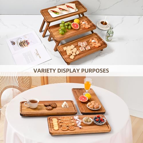 Acacia Brown 3-Tier Serving Tray Set - Foldable Wooden Dessert & Charcuterie Display