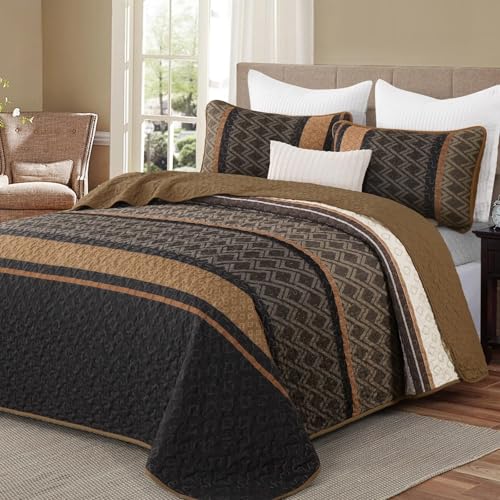 Dinjoy Boho Queen Quilt Set - Brown & Striped Fall Bedspreads, Reversible, Lightweight Microfiber Bedding, 3 Piece