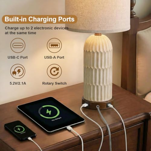 OYEARS 22-inch Farmhouse Bedside Table Lamps Set of 2 with USB A+C - Yellowish & Brown Variation