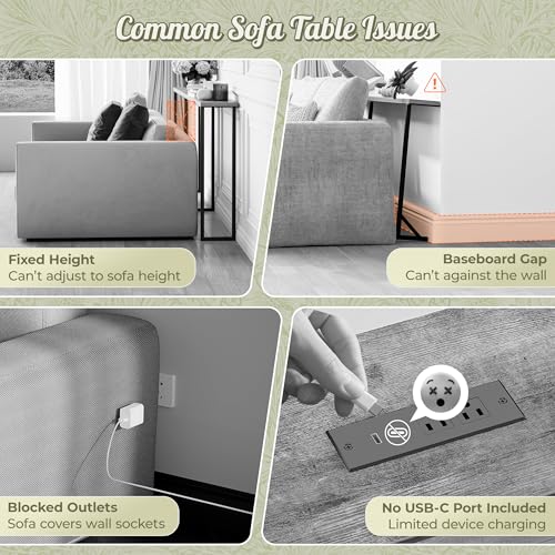 Huuger Rustic Brown 102.4 Inch Sofa Table with Power Outlets, Adjustable Height Behind Couch