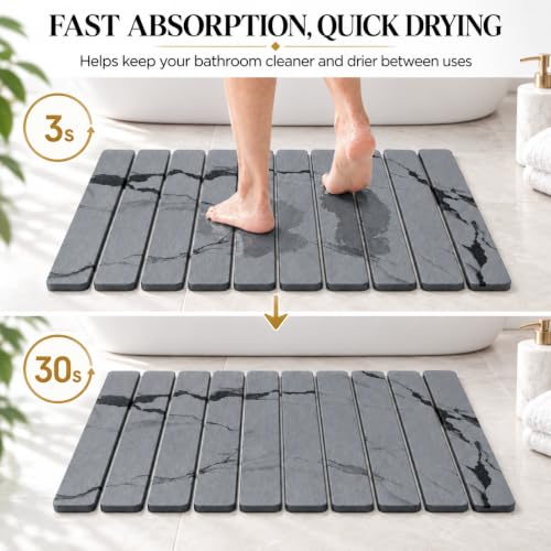 Dark Gray Rollable Stone Bath Mat for Bathroom, Quick Dry, Diatomaceous, 24x16 Inches