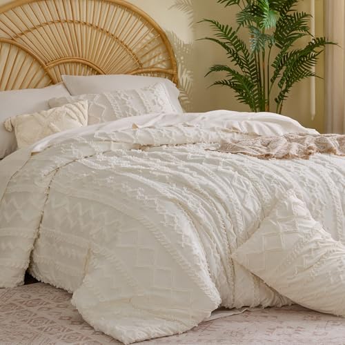 BEDELITE King Comforter Set 7 Pieces - Boho Cream White Bed in a Bag, King Size 102x90"