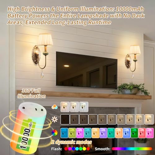 Wireless Antique Brass Wall Sconces Set of 2 with RGB Dimmable LED Bulbs