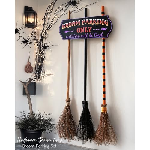 Halloween Broom Parking Sign with 3 Wooden Witch Brooms - Spooky Porch Decor