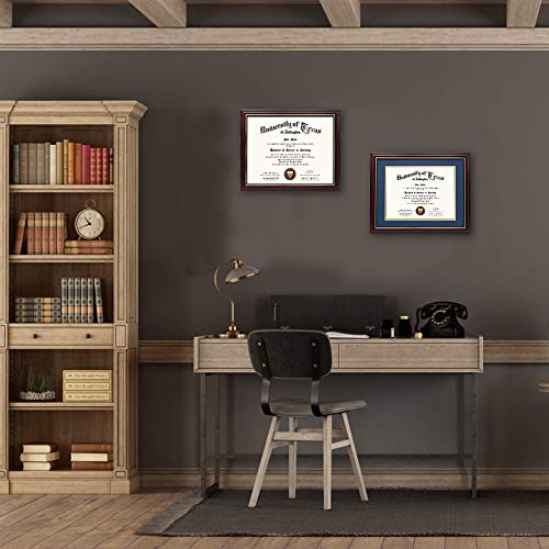 GraduationMall Cherry Wood Diploma Frame with Gold Trim - Navy Mat or No Mat, 8.5x11 or 11x14 Display