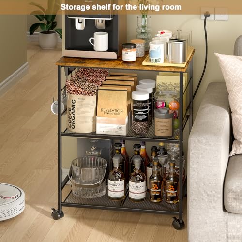 ThreeHio Brown Kitchen Microwave Cart with Power Outlet, 3-Tier Utility Storage