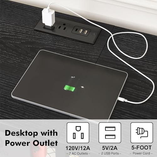 YGEOMER Black Entertainment Center for 50in TVs with LED Lights & Charging Station