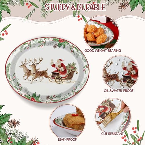 Santa on the Way 100 Pcs 9x11in Christmas Paper Plates Oval – 100 Count Bowl-Style Dinnerware