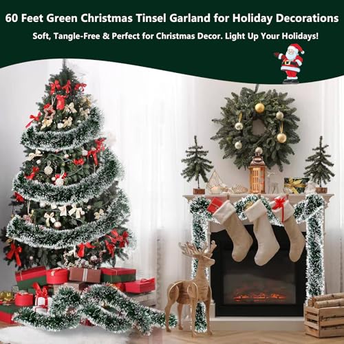 Green & White 60ft Christmas Tinsel Garland for Tree - Yunniviva, Glitter Wire Decor